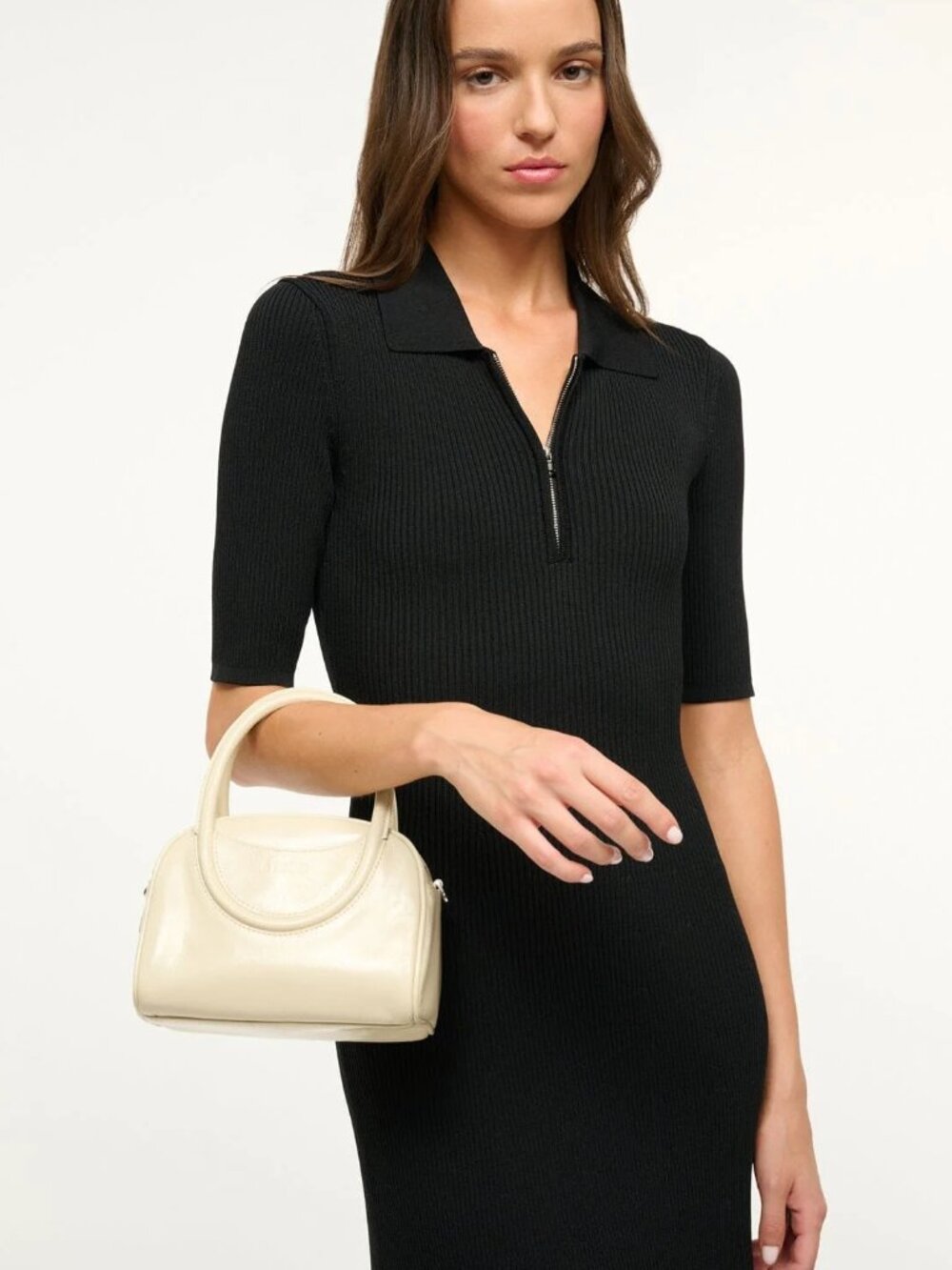 STAUD Mini Maude Leather Bowler Bag in Cream NWT - Picture 2 of 11